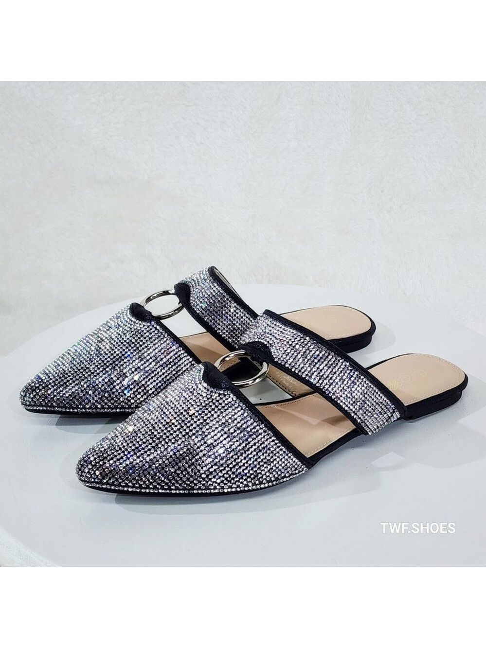 Bella Colorful Iridescent Rhinestone Slip On Flats Mules Clogs Evening Sandals